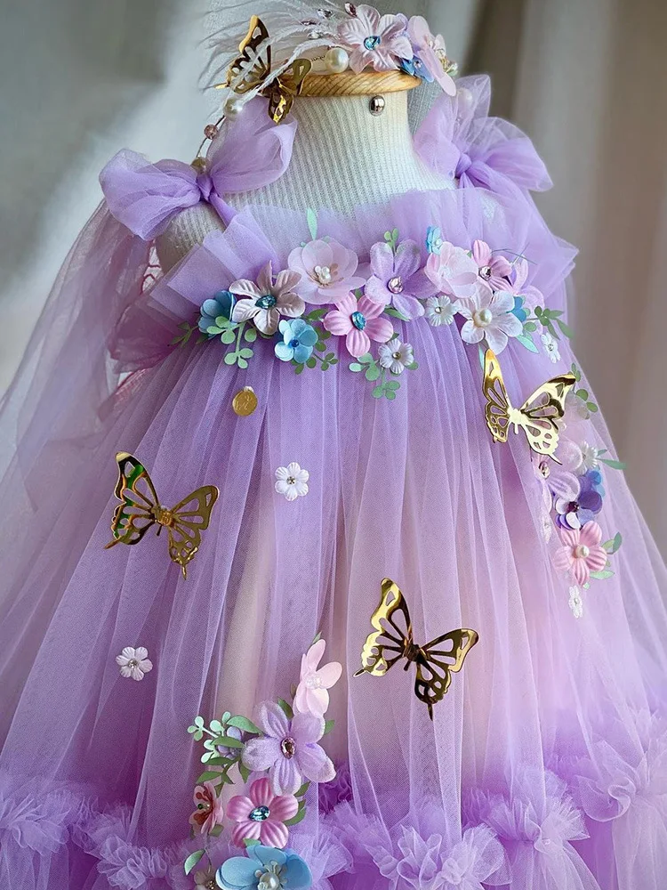 Lilac Luxurious Birthday Party Dress For Girls Elegant Pearls Evening Dresses For Teenage Girls Party Frock For Wedding Kids