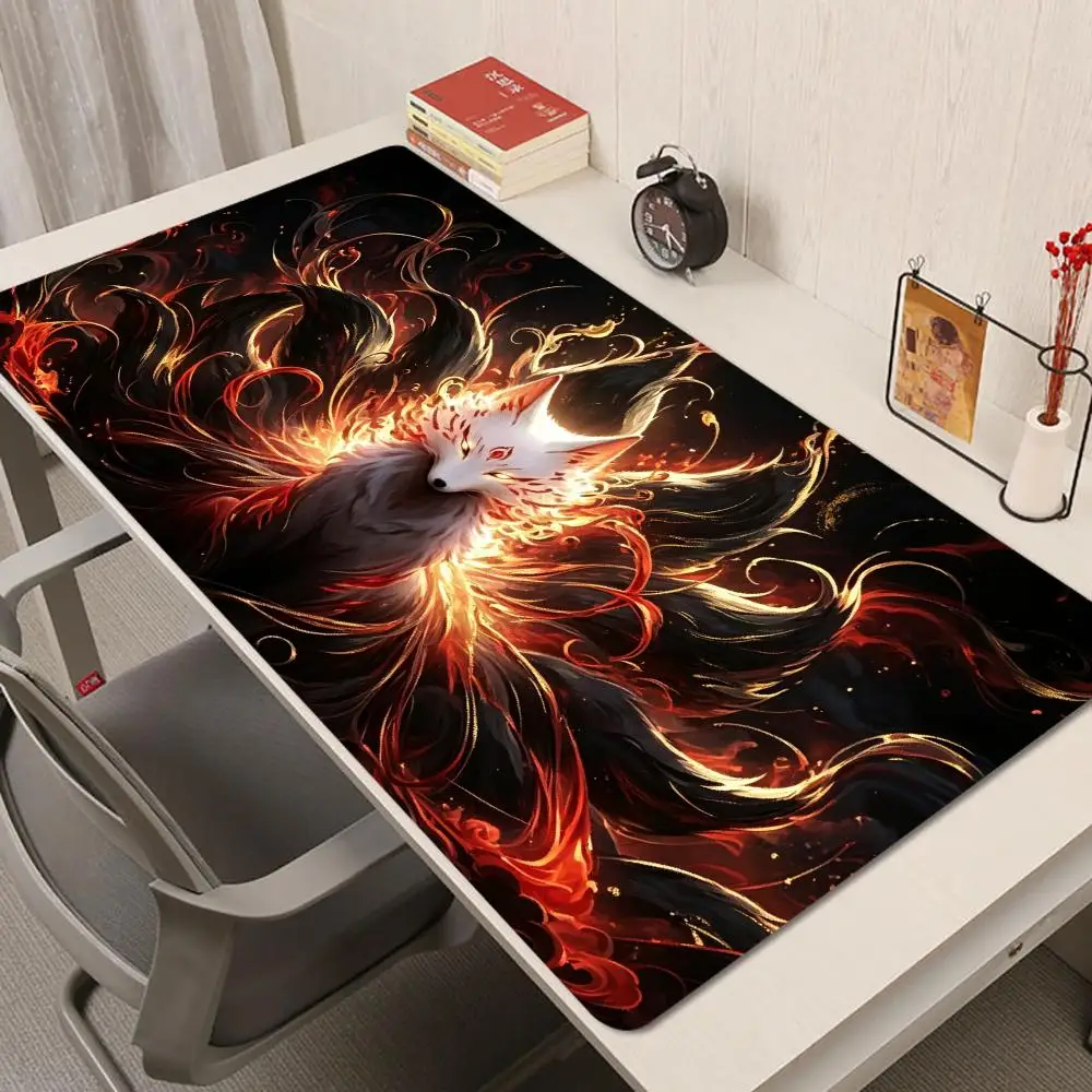 Ice Blue Streamer White Nine Tailed Fox Cool Tone Fantasy Mythical Creature Art mousepad Natural Rubber Non Slip Table Pad