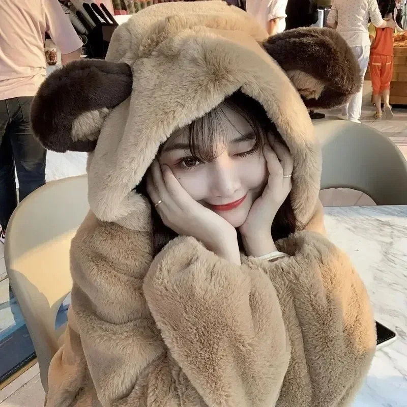 Fur Jacket Women Bear Ear Plush Jacket 2023 Winter New Korean Fashion Cute Preppy Style Oversized Hooded Loose Kawaii Fluffy