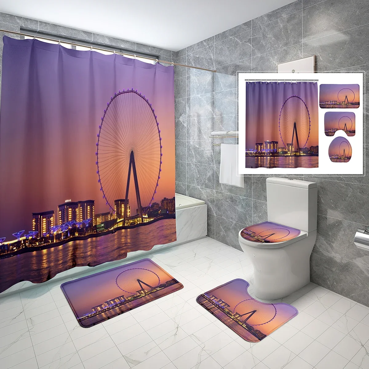 4 PCS/Set Ferris Wheel Shower Curtain Sets,City Night View Waterproof Fabric Bathroom Curtain,Non-slip Bath Rugs,Toilet Cover