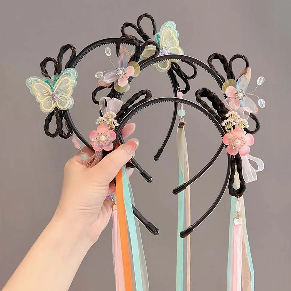 

Повязка на голову с лентой-бабочкой в китайском стиле, кисточка, изысканная вышивка, головные уборы ханьфу для девочек, бусины, бант, парики, плетеный обруч для волос, вечерние