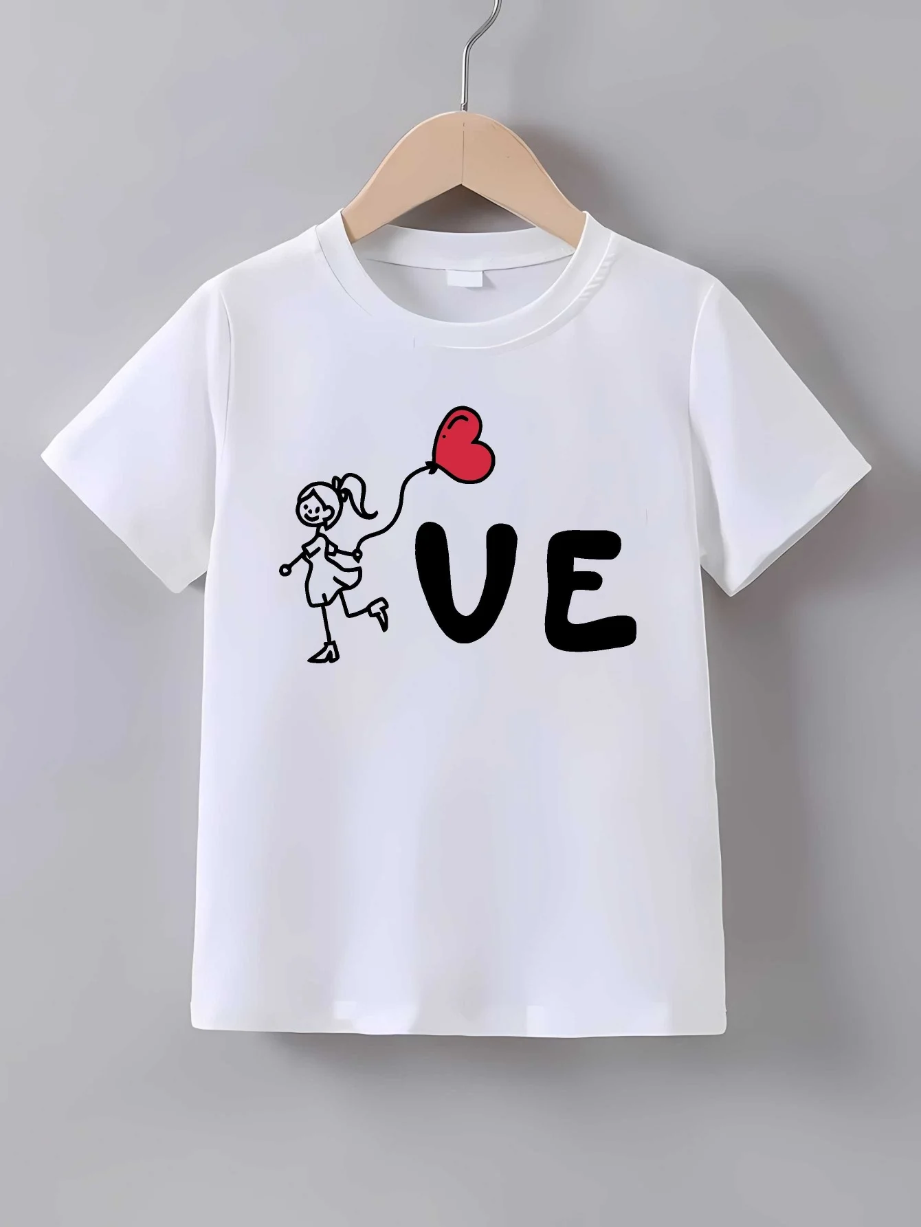 Girl Stick Figure Heart Balloon VE Letter Print T Shirt Family Matching Outfit Boys Girls Kids Short Sleeve Children Daily Tees