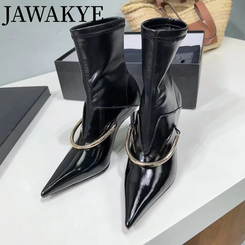 Designer Brand 2023 Winter Sock Boots For Women High Heels Genuine Leather Short Boots Metal Decor Boots Pointed Toe Boots Woman