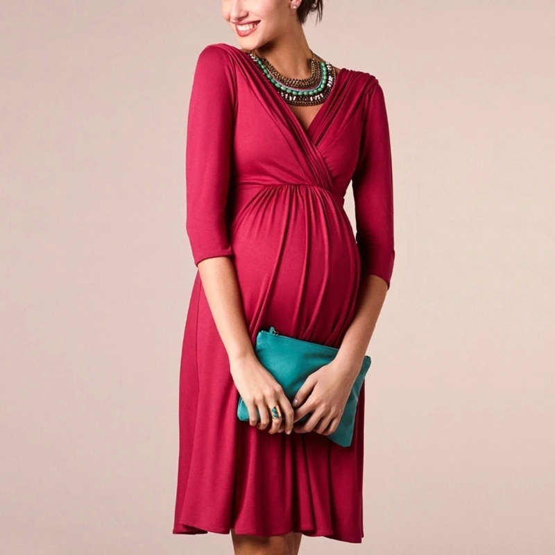 Maternity Nursing Dress With Hide Zipper Breathable Cotton Fabric Elastic Waistband For Pregnancy And Breastfeeding 425F