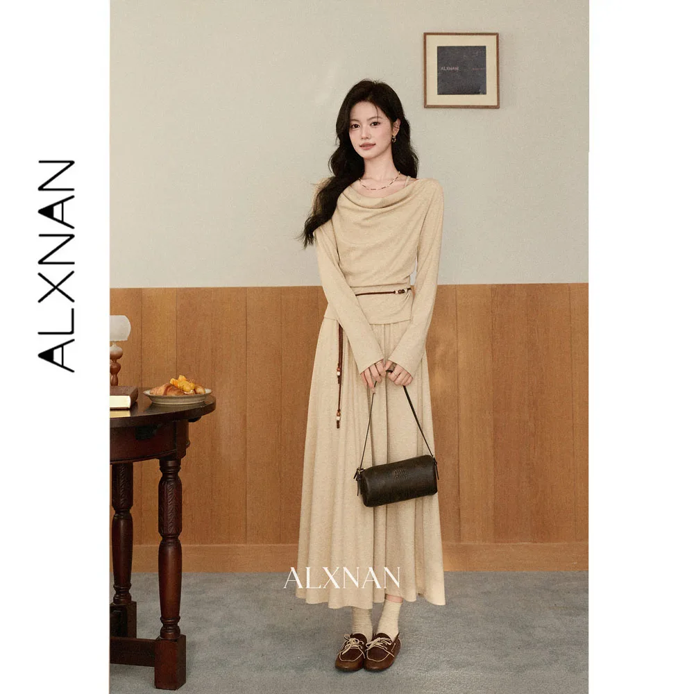 ALXNAN Khaki Skirt Women Autumn 2026 Fashion High Waist Casual Long Skirt Elegant Elastic Waist Female Clothing L67852