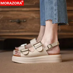 MORAZORA 2024 New Solid Flat With Heels Shoes Buckle Genuine Leather Sandals Women Summer Ladies Casual Platform Shoes