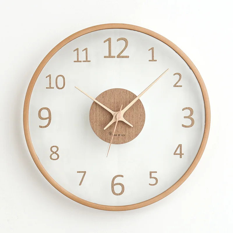

Nordic Solid Wood Clear Glass Wall Clock Minimalist Modern Living Room Decor