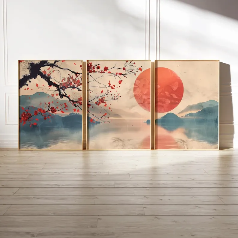 3pcs Minimalist Japanese Landscape Canvas Wall Art, Framless