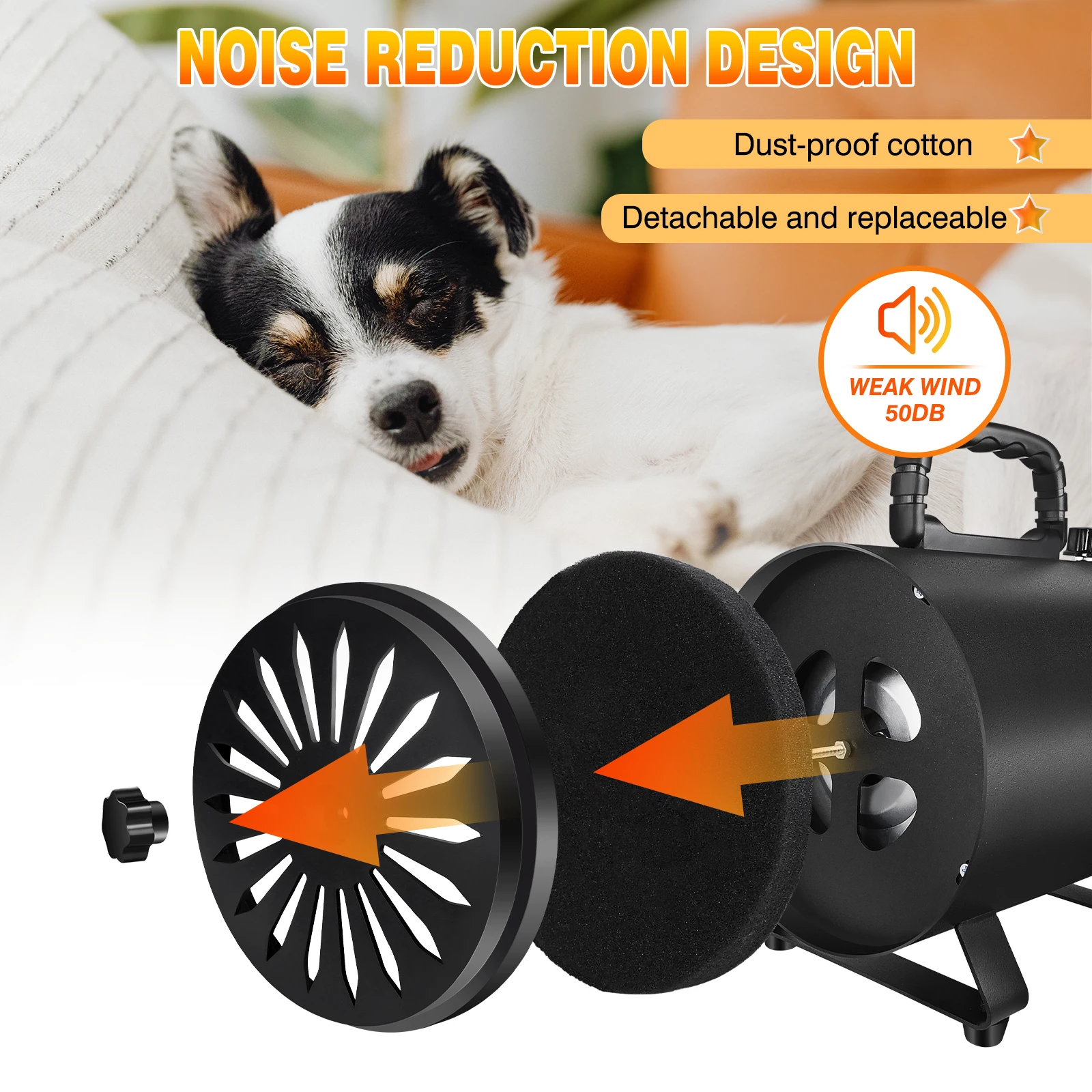 Secador de Pelo para Perros de Alta Velocidad 3500W, Secador Soplador para Peluquería Canina, Secador de Pelo para Perros Muy Silencioso, Secador de Pelo para Mascotas con 4 Boquillas y Manguera, Velocidad y Temperatura Ajustables, Secador para Mascotas, Perros, Negro