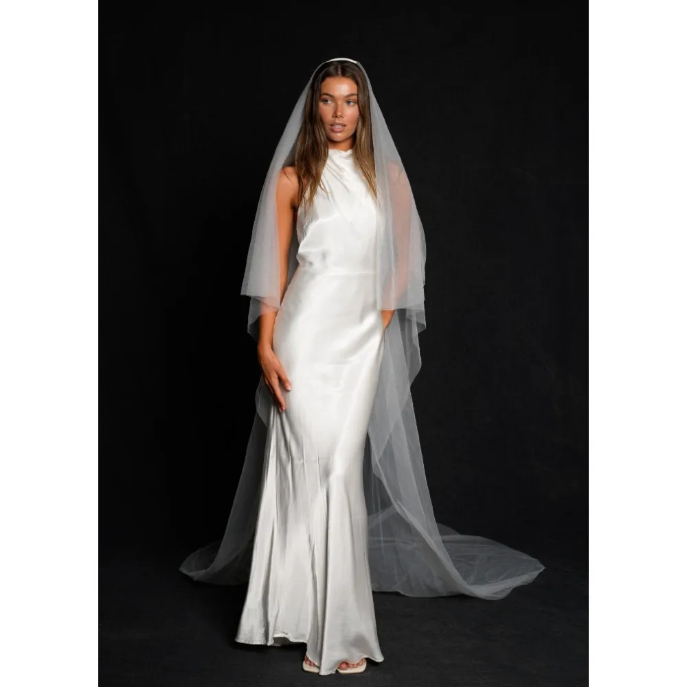2 Tier Wedding Veil for Bride Simple Plain Soft Tulle Blusher Veil Long Cathedral Train Bridal Veil with Headband Wedding G131