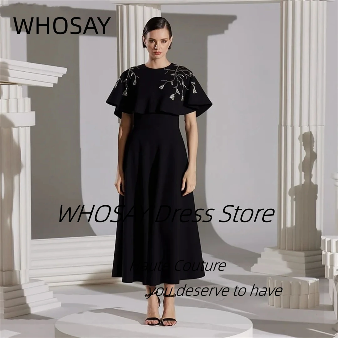 WHOSAY Customized Black Satin Prom Dresses with Beading Shawls Evening Party Dress Zipper Back Homecoming Graduation Gowns