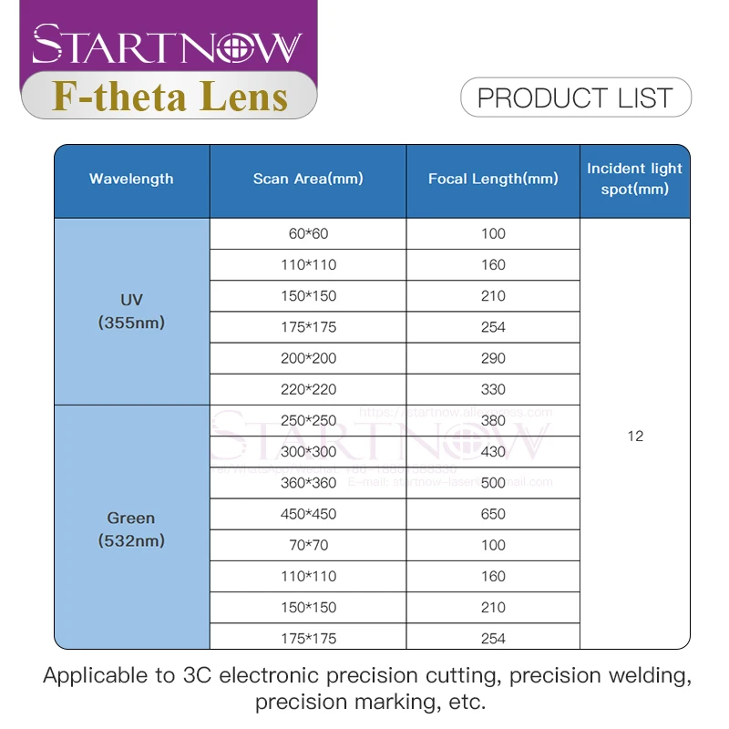 Startnow F-theta Scan Lens 355 UV Laser Field Lens Entrance spot Dia.12 For Laser Marking Machine Galvo System Parts