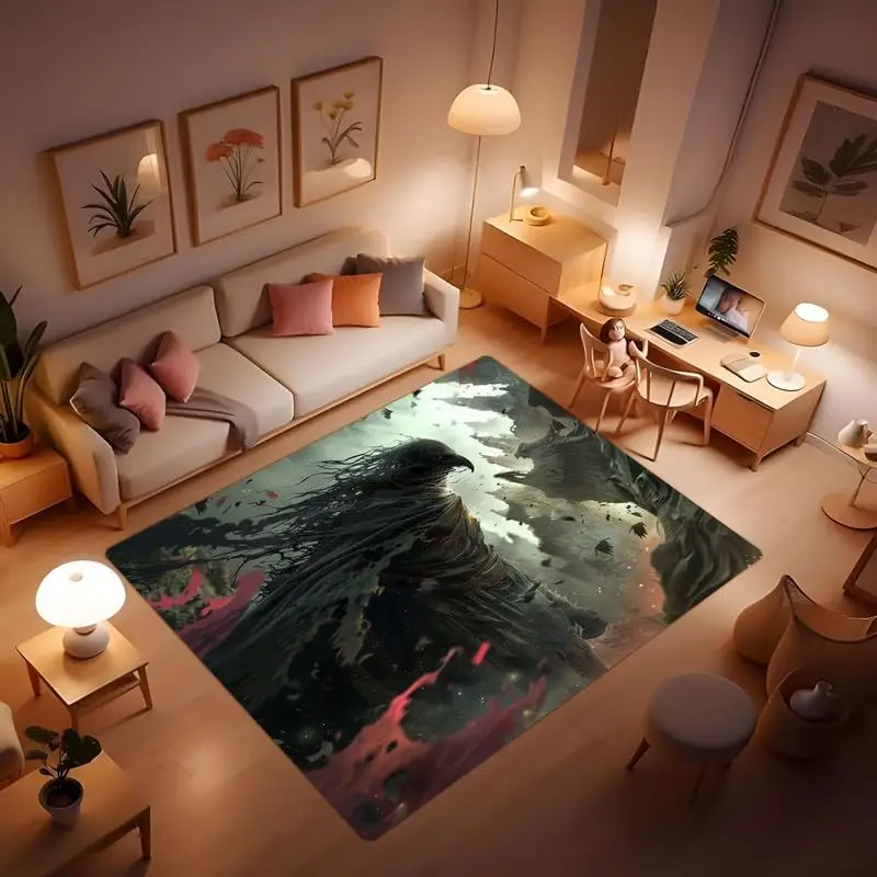 Black Warrior Anime Rug, Cool Anime Character Non-Slip Washable Carpets, Black Warrior Holding a Long Sword on The Battlefield