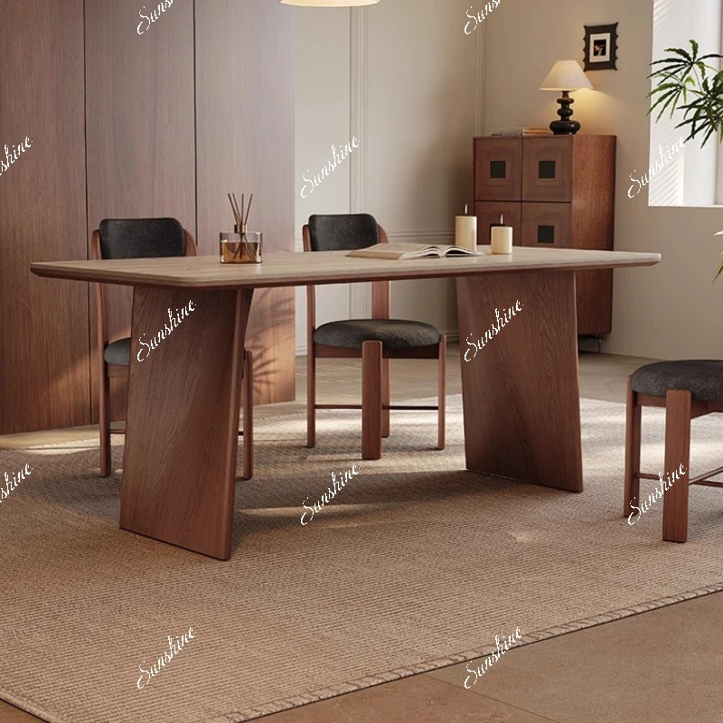 

Travertine slate, household small apartment, modern simplicity, full-support solid wood dining table