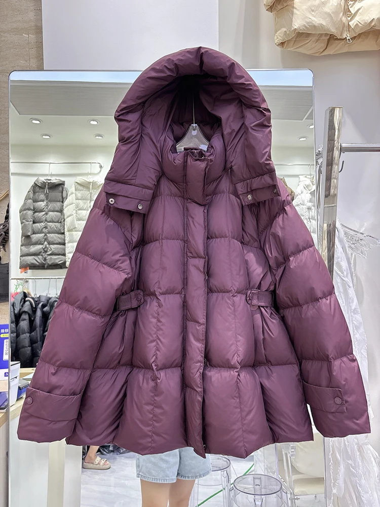 

Winter Hooded Fluffy Mid Length Down Jacket Women White Duck Down Solid Puff Zipper Parker Outwears Female Thicken Warm Jackets