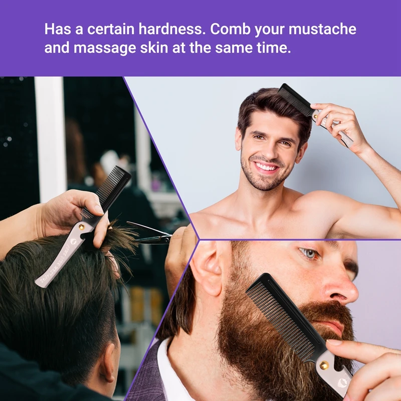 مشط جيب قابل للطي للرجال ، مشط لشعر اللحية وفك الأسنان ، مقبض معدني ، تمشيط قابل للطي ، مشط لشارب الوجه ، 1 ford