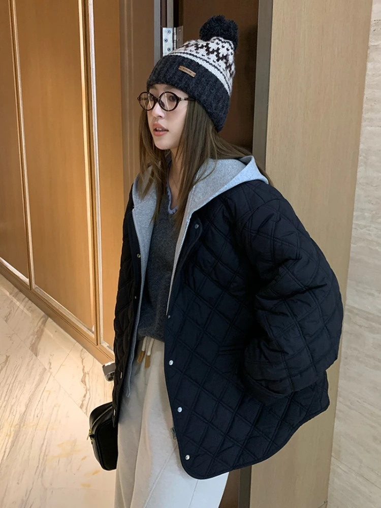 سترات نسائية فضفاضة مبطنة أساسية سترات نسائية جديدة للخريف والشتاء معاطف نسائية غير رسمية بقلنسوة مبطنة باللون الأسود