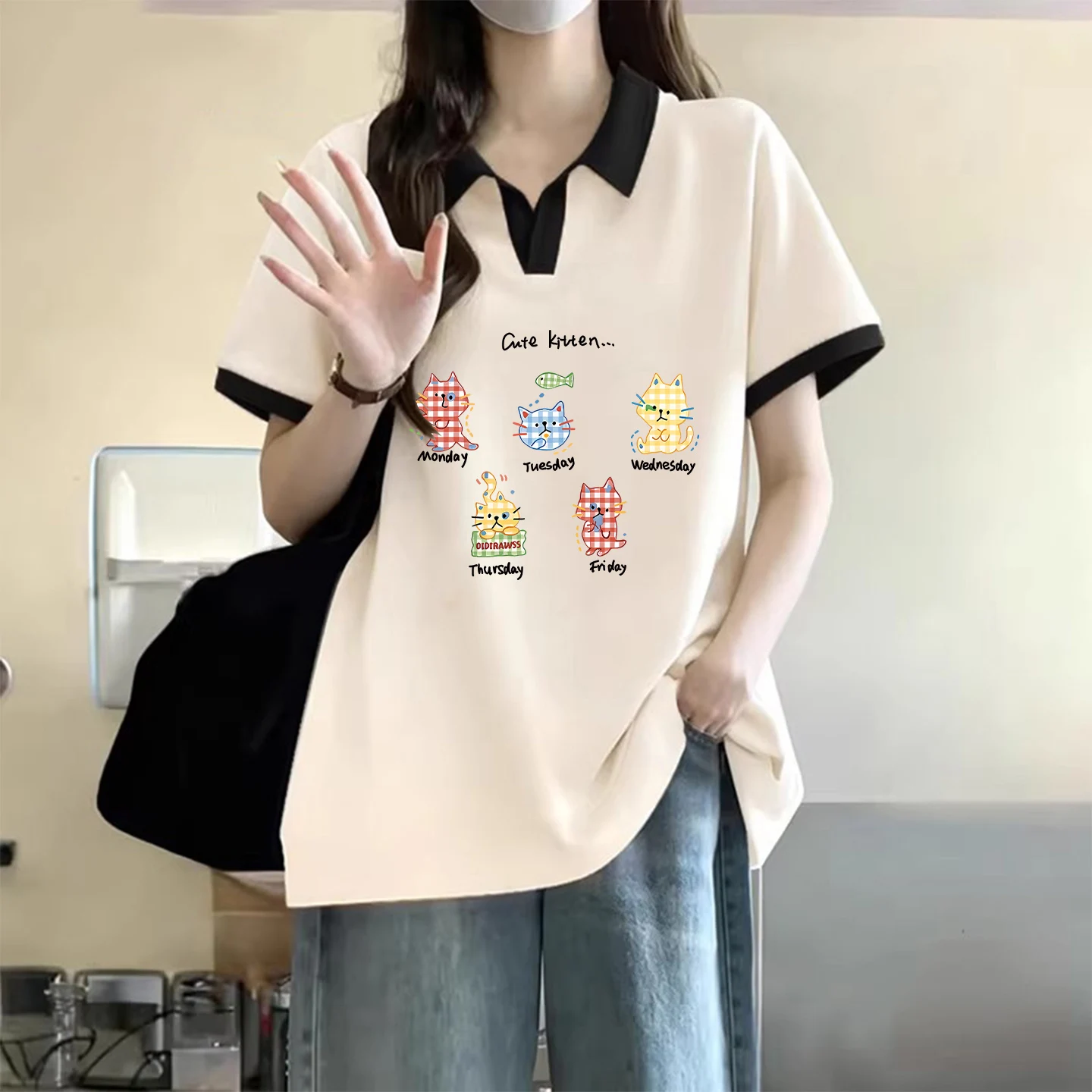 Summer Casual Large Size  Neck Short Sleeve T-Shirt Women's Contrast Color Shoulder Flip Collar Loose Fit Top