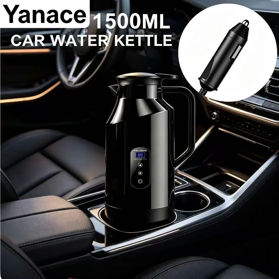 Yanace 1500ml Car Water Kettle 12V/24V Digital Temperature Control Portable Vehicle Heating Boiler for Travel Driving