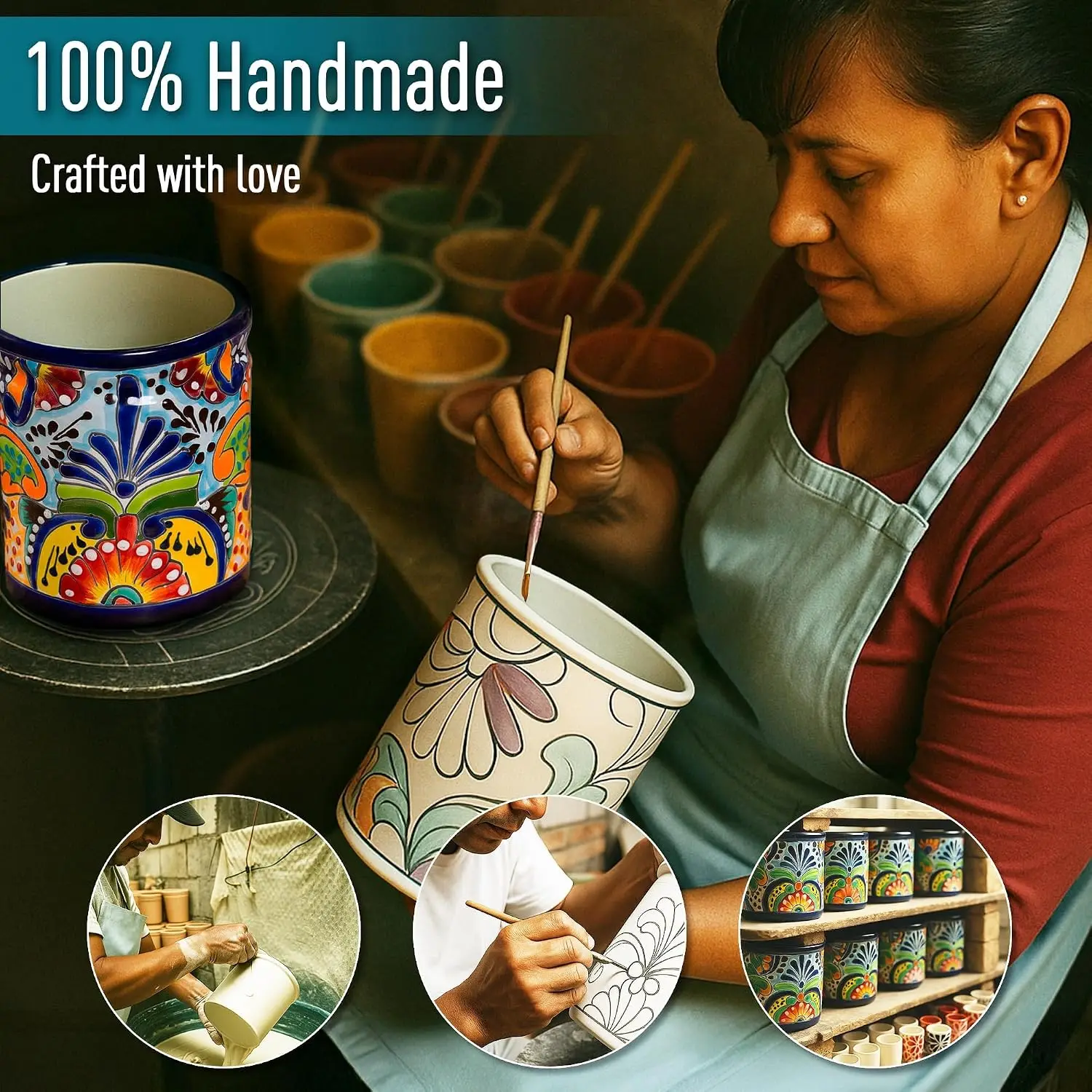 Extra Large Handmade Mexican Talavera Ceramic Utensil Holder for Counter – Lead-Free Spoon Rest, Spatula & Ladle Organizer, Kitchen Decor