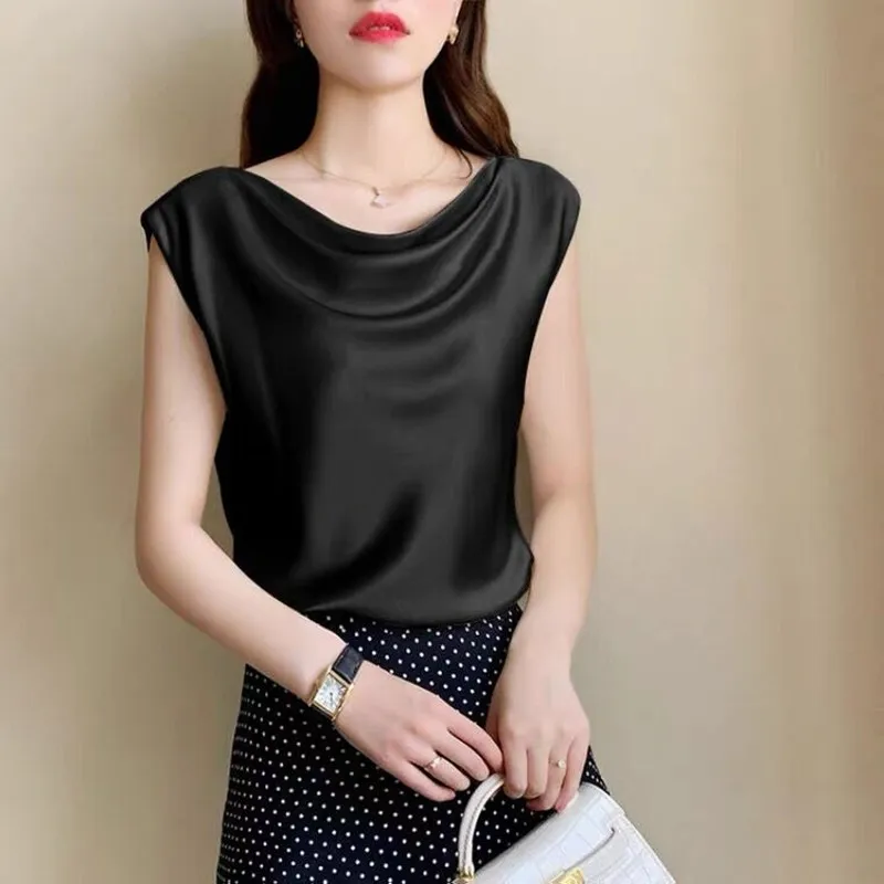 Women's Summer Silk Satin Blouse Sleeveless Elegant White Office Shirt Beautiful Chiffon Swing Collar Top