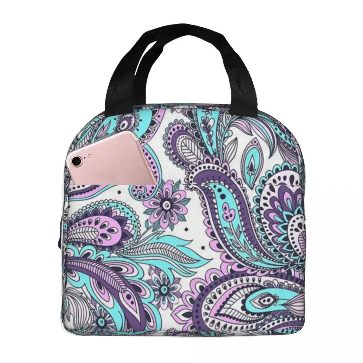 

Paisley Pattern Lunch Bag Portable Insulated Canvas Cooler Bag Thermal Cold Food Picnic Tote for Women Girl