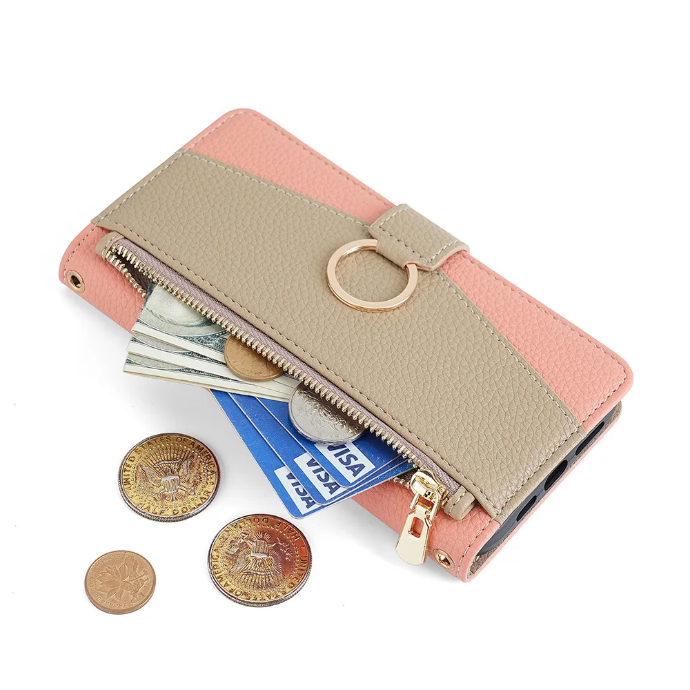 Zipper Wallet Case for TCL 505 503 408 406 405 403 306 305i 305 303 205 Metal Chain Crossbody Leather Ring Make Up Mirror Cover