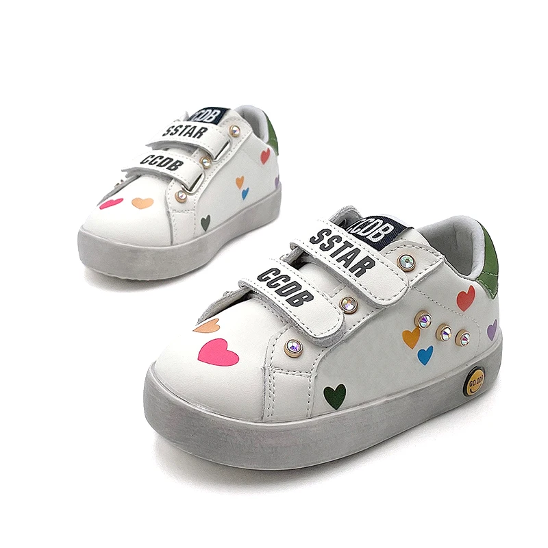 Girls Star Boy Sneakers Leather Distressed Trainers Handmade Diamonds Babys\' Iridescent Heart Leather Laminated CCDB Causal Shoe