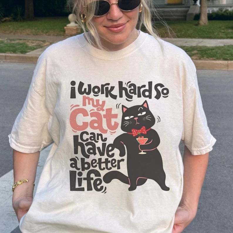 better Cat Print T-shirt Oversized Unisex Cotton Streetwear Trendy Casual Loose Vintage Loose Short Sleeves Breathable Couples
