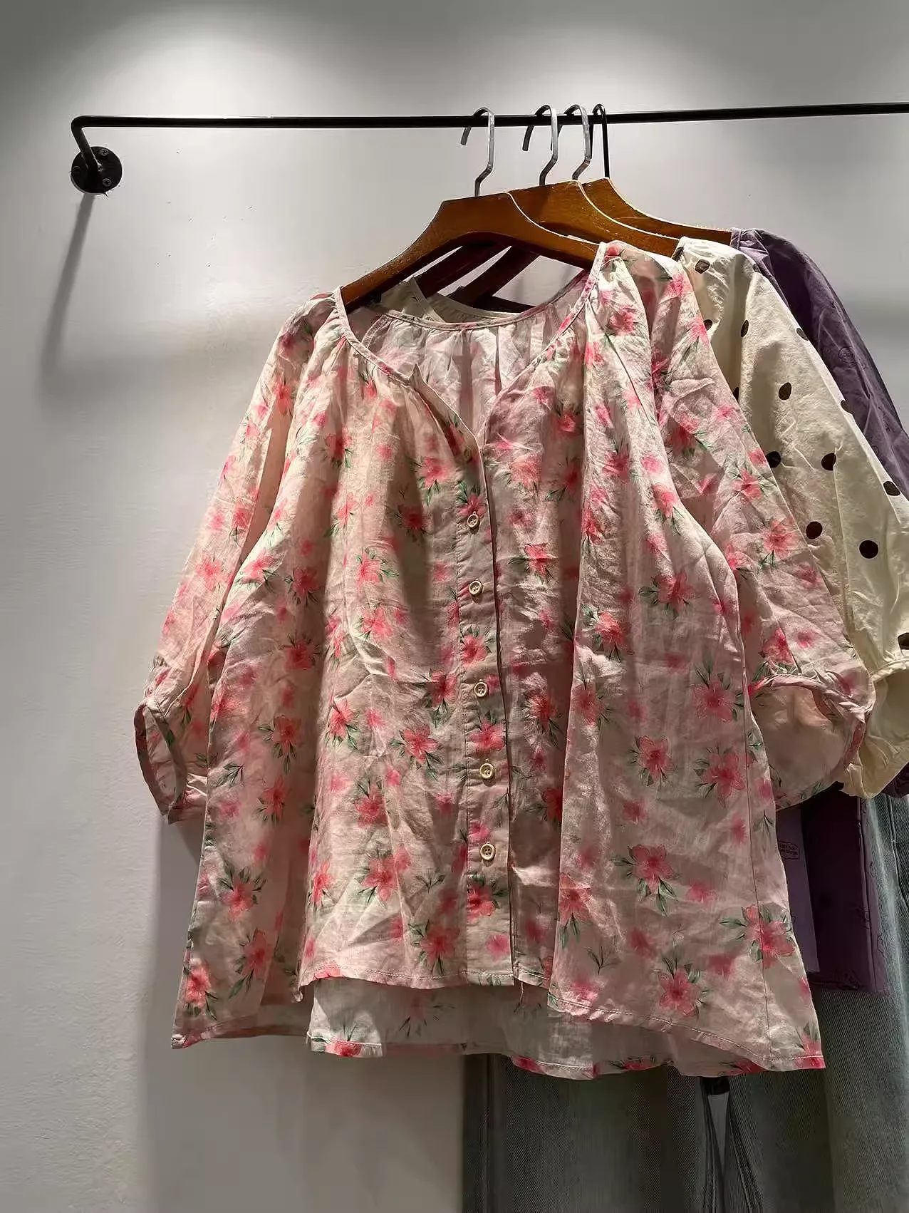 

Bust 118cm Summer women's clothing 100% female cotton v neck oil painting floral shirts and blouses large size tops