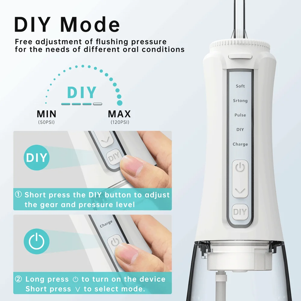 Portable Oral Irrigator 4 Modes Teeth Cleaner Dental Water Flosser Rechargeable 300ml Tank Water Jet Floss Tooth Pick 5 Jet Tip