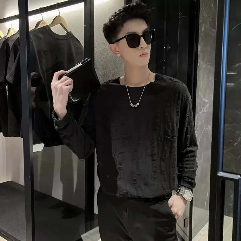 Primavera outono novo estilo rasgado mendigo camiseta masculina de manga comprida na moda marca moletom