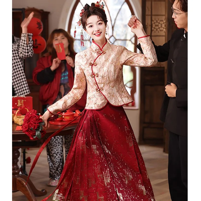 

New wine red Chinese-style dress for toasting cheongsam set