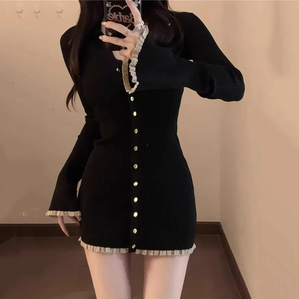 

Elegant Women Dress Black Lapel Collar Flare Sleeve Sweater Dresses Autumn 90s Fashion Knitted Pullover Luxury Gothic Vestidos