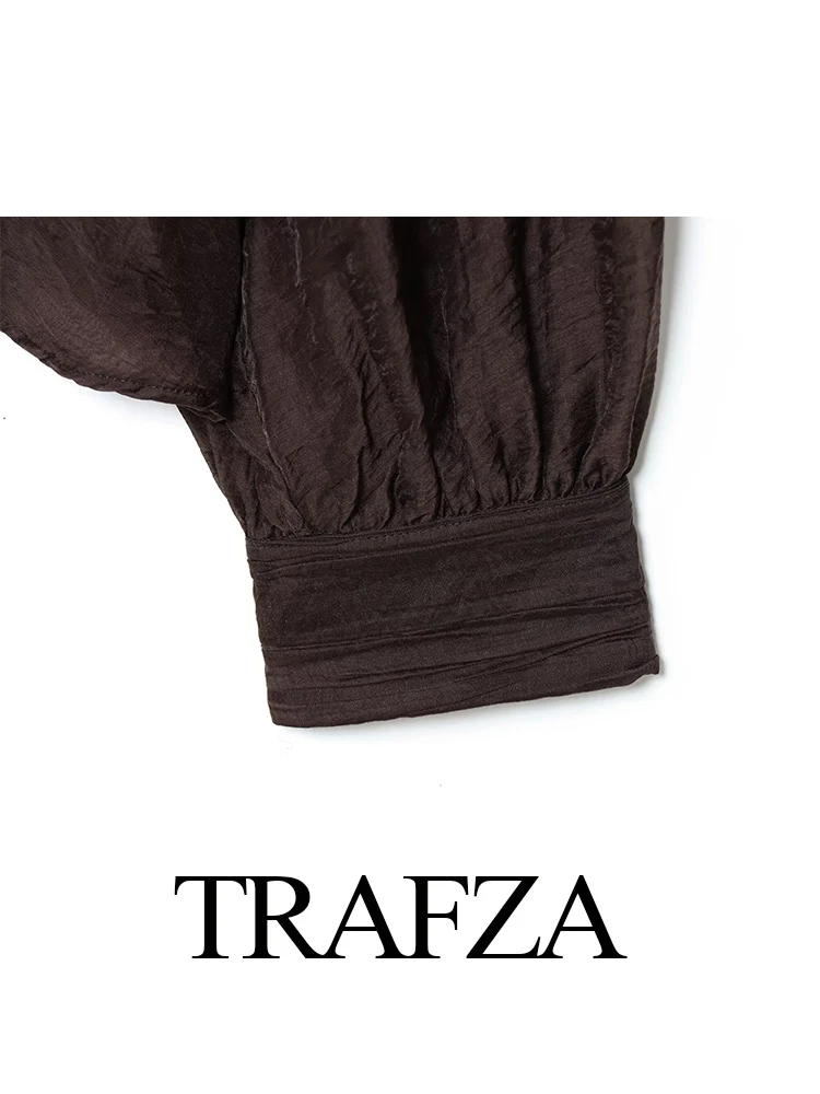 

TRAFZA Women 2025 New Fashion Stand-up Collar Sweet Puff Sleeve Translucent Shirt Female Tencel Fabric Loose Long Sleeve Shirt