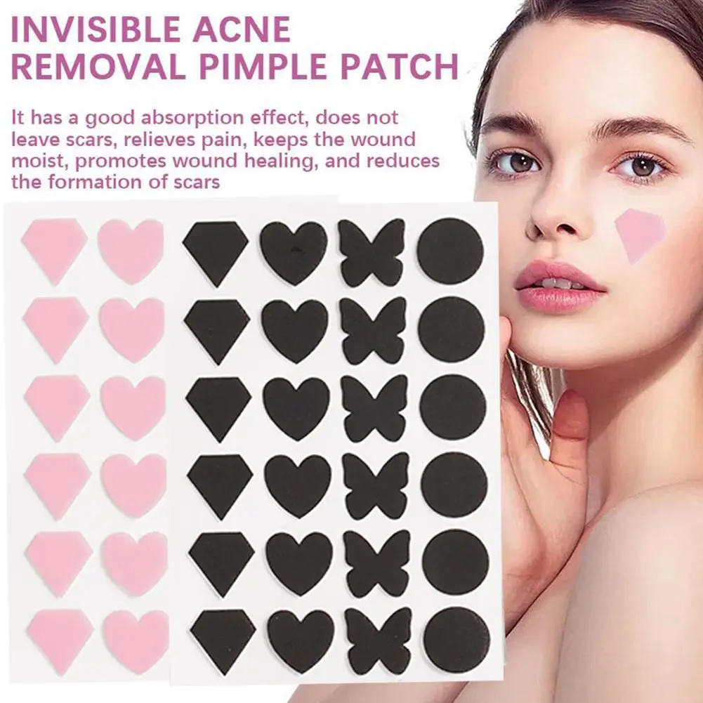 24pcs/sheet Pink Black Heart Acne Removal Pimple Patch Invisible Concealer Face Spot Remover Makeup Anti-Acne Stickers Skin Care