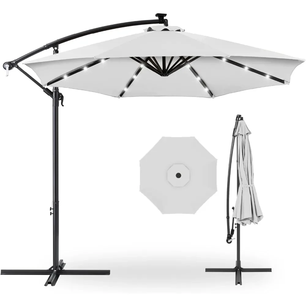 

Patio Umbrella, 10ft Solar LED Offset Hanging Market Patio Umbrellas, W/Easy Tilt Adjustment, Polyester Shade,Patio Umbrella