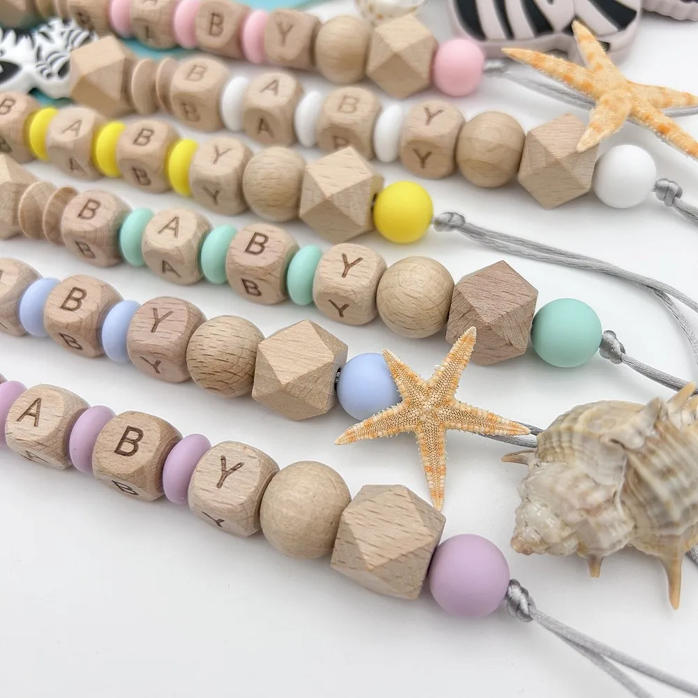 Gepersonaliseerde Engels Houten Letters Naam Baby Siliconen Zebra Hanger Fopspeen Clips Kettingen Houder Bijtring Baby Kawaii Speelgoed Geschenken