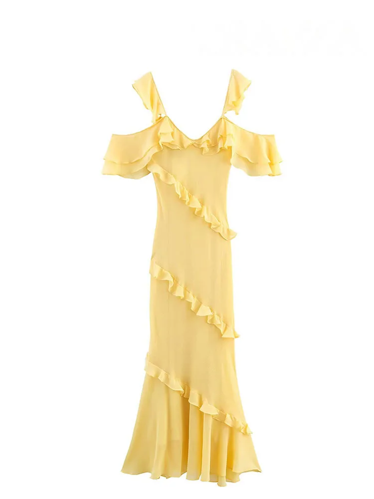 HH verão moda feminina vestidos gola quadrada sem mangas sem costas em camadas decoração feminina estilo praia vestido longo amarelo