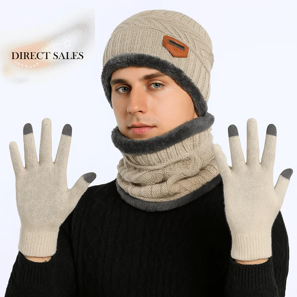 4点セット ソフトウィンタービーニーハット スカーフセット 保温フリース裏地付きサーマルニットグローブ キャップ 厚手暖かいウールハット