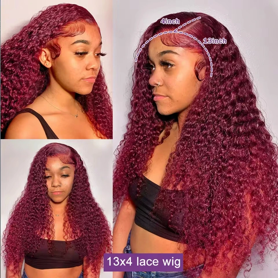 Brazilian 28 30 inch 99J Burgundy 13x4 Curly Lace Frontal Wigs Transparent Full Lace Front Human Hair Deep Wave 220% For Women