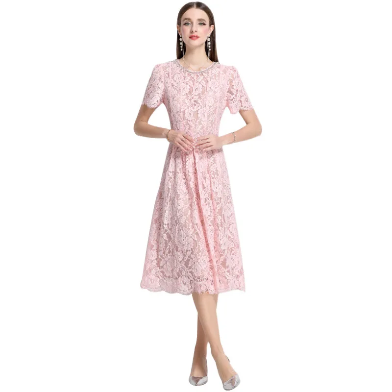 Perle rose décorée diamant dentelle ort Sve ronde Ne Dr Ele Spring Faion femme Dr Thiened Spring Dr