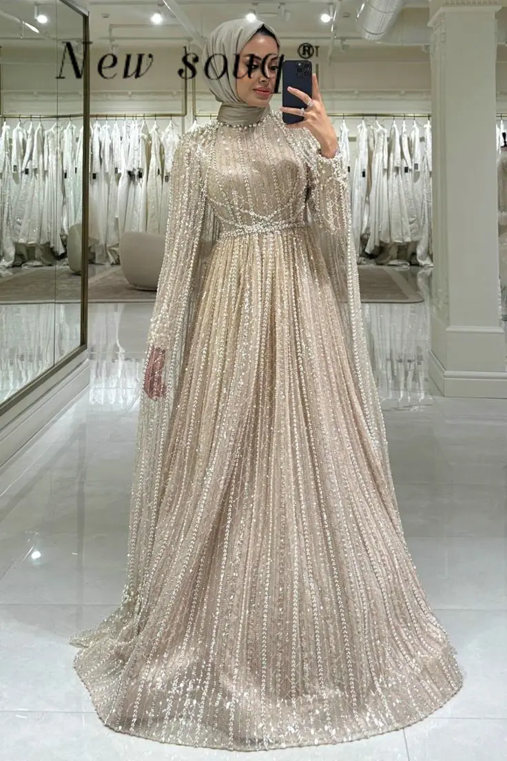 

Nude Champagne Heavy Beaded Muslim Evening Dresses with Shawl Customized A Line Middle East Abaya Formal Wedding Party Gowns