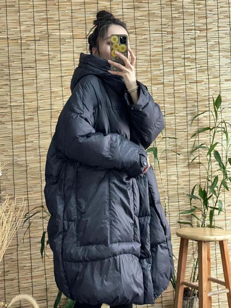 Schinteon Women White Duck Down Long Jacket with Hood Loose Over Size Coat Autumn Winter Warm Outwear Korean Style Big Pockets