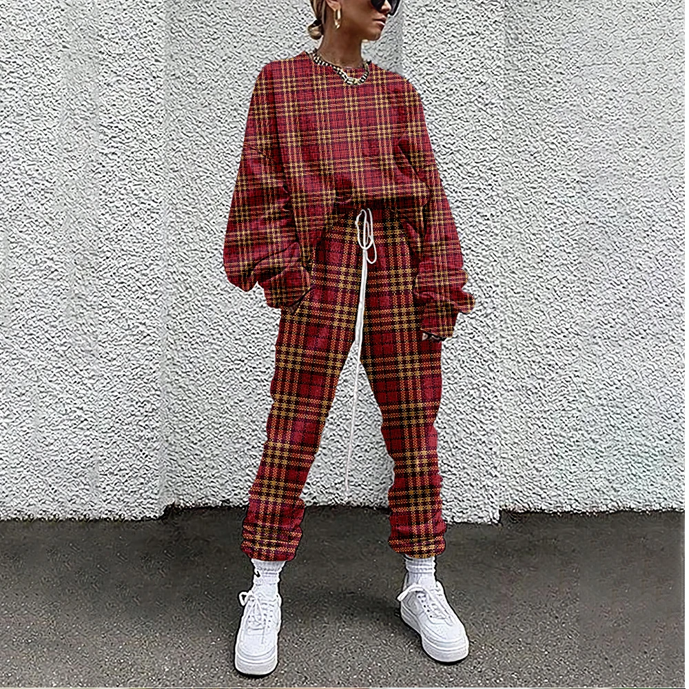 SOJINM New Women Tracksuit Lattice Print 2 Piece Outfit Sweatshirt+Straight Sweatpants Matching Set Fitness Sporty Streetwear