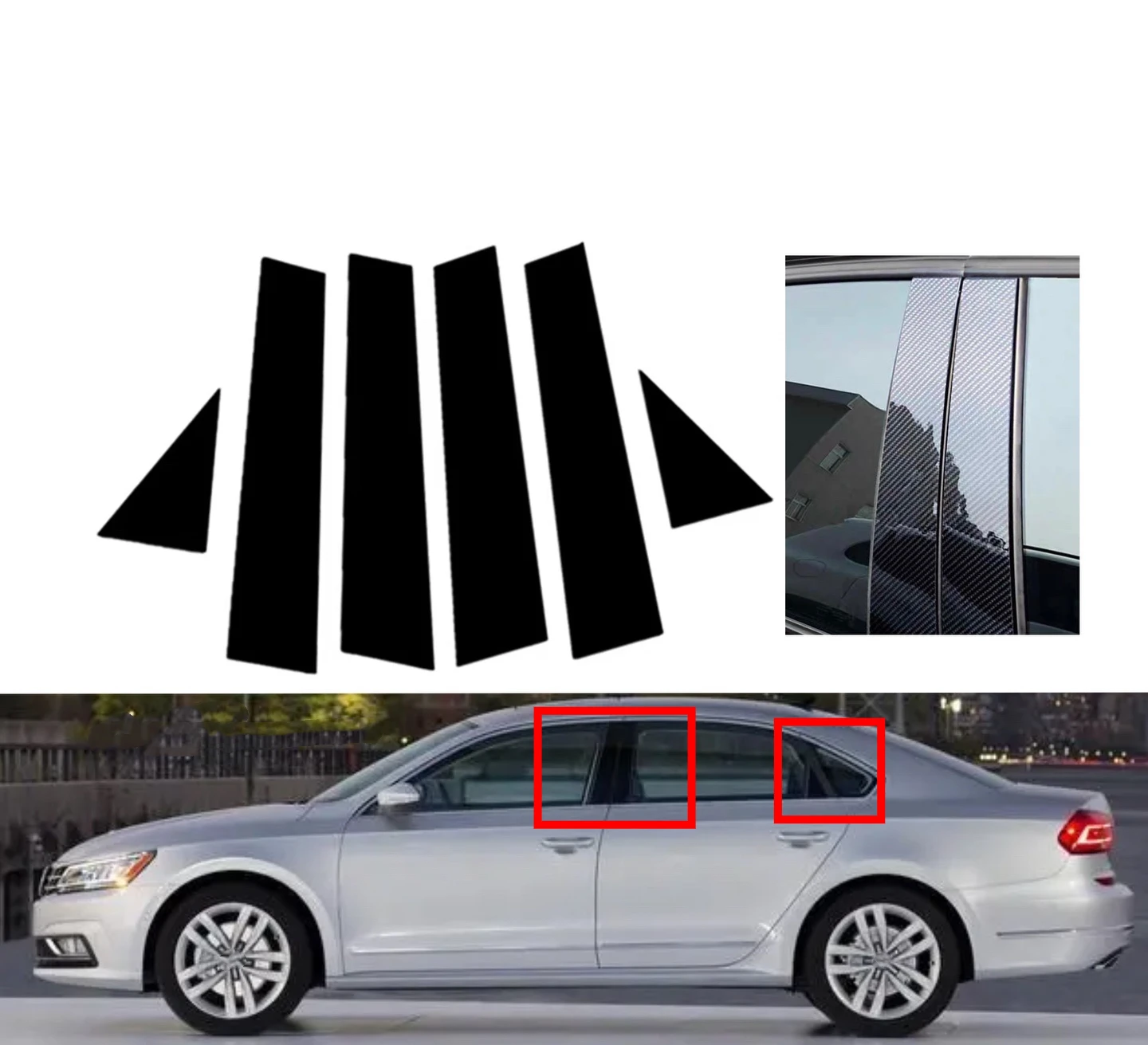 

6pcs Glossy Black Silvery Trim Pillar Posts Fit For VW Passat 2011-18 2017 2016 Door Side Cover Decoration Stickers Set