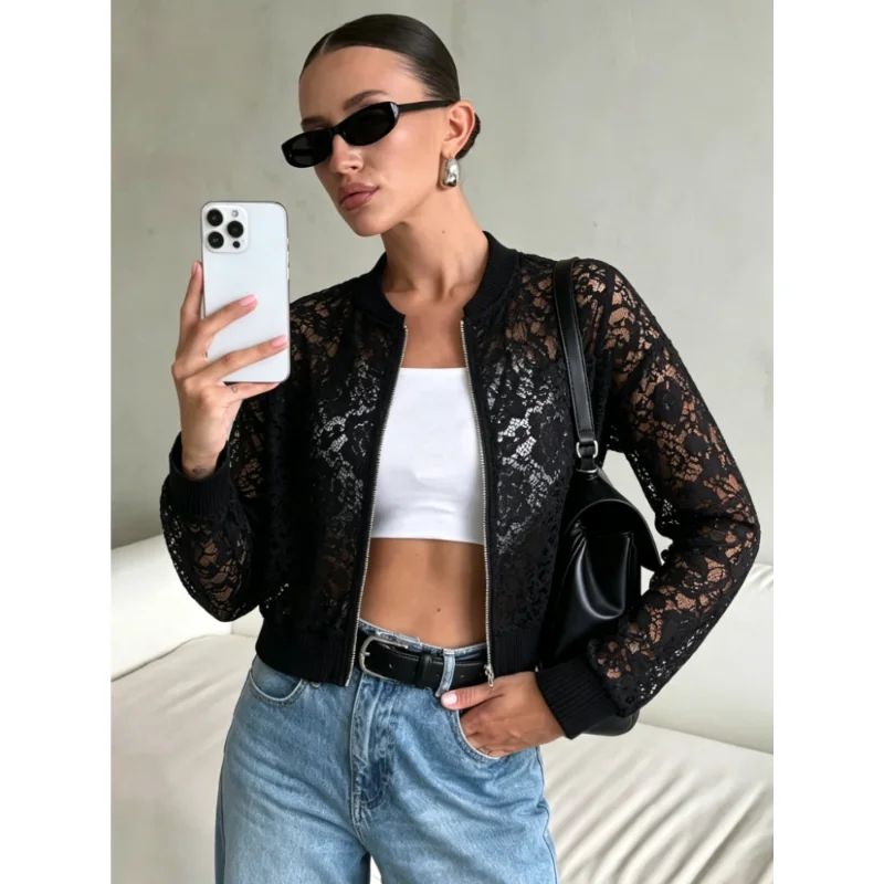 New Chic Fashion Elegant Short Zipper Cardigan Spring Solid Color Jacket Autumn Chic See Through Lace Hollow Long Sleeve Jacket