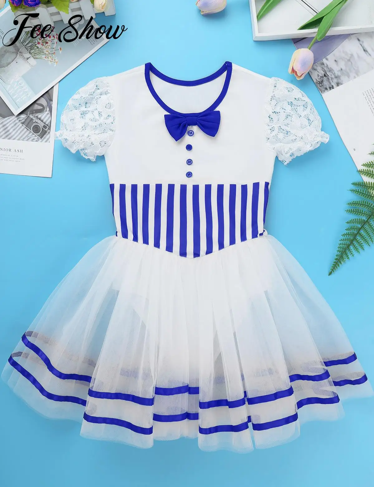 

Teen Girls Ballet Leotard Short Lace Puff Sleeves Baton Twirling Mesh Skating Dance Dress for Christmas Fancy Dress Up Party