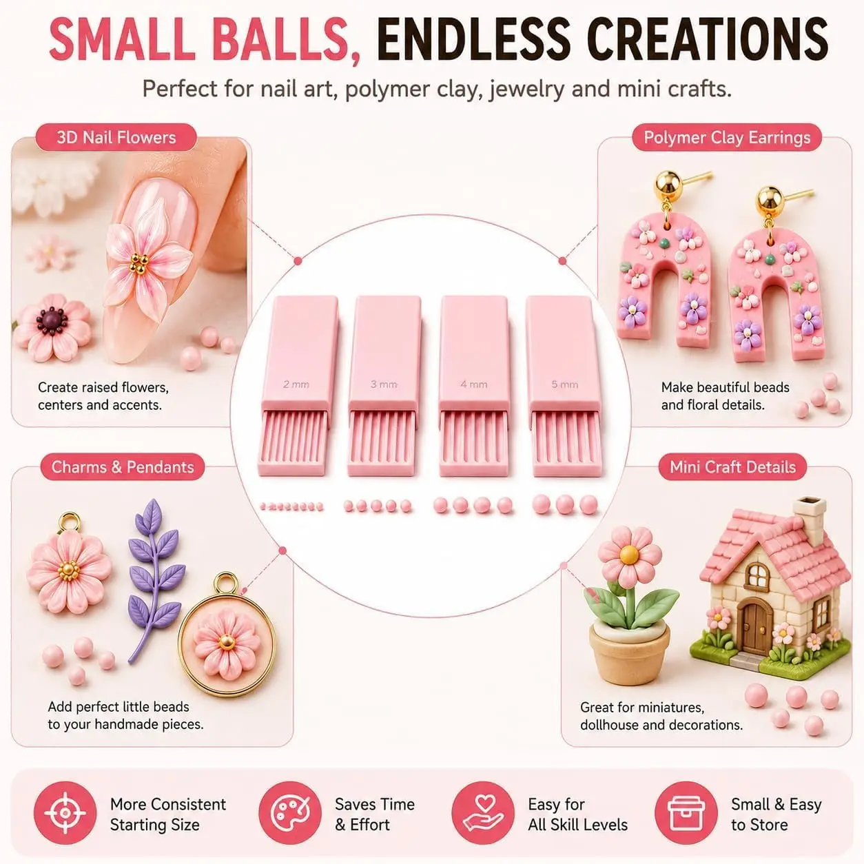 4PCS 3D Print Clay Gel Ball Maker Tool, Nail Art Bead Roller for 3D Gel Flowers | Polymer Clay Roller 2mm 3mm 4mm 5mm view 3