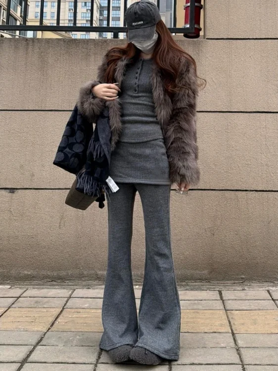 Deep ey High Waist Slimming Flared Pants Women's Early Autumn 2025 New Sle Spor False Two-Piece Casual Trousers